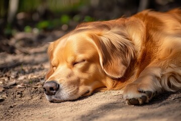 Poster - Golden retriever peacefully sleeping on sandy ground in a sunny forest. Generative AI
