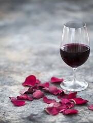 Aufkleber - Elegant glass of red wine beside scattered rose petals on textured background : Generative AI