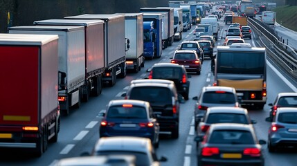 Aufkleber - Busy highway traffic jam with numerous trucks and cars showcasing urban congestion during rush hour : Generative AI