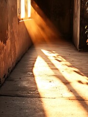 Leinwandbilder - Beautiful sunlight streams through a window illuminating a rustic corridor with shadows on the floor : Generative AI