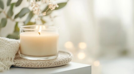 Poster - Aromatic candle burning gently on a cozy table surrounded by soft textures and natural elements : Generative AI