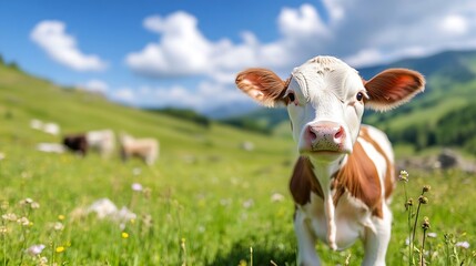 Poster - CloseUp Portrait of a Curious Calf in a Green Pasture Surrounded by Bright Flowers and Nature : Generative AI