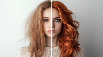 Poster - Transformation of hairstyle displayed by woman with unkempt hair on one side and stylish curls on the other side. Generative AI