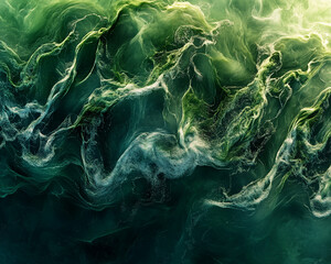 Poster - A close-up of swirling green and white fluid in motion, showcasing dynamic waves and intricate textures, symbolizing energy, fluidity, and the natural flow of water.