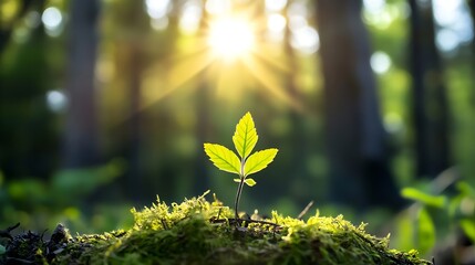 Poster - Delicate green sprout emerging from mossy ground with sun rays in a dreamy forest setting : Generative AI