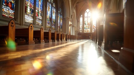 Aufkleber - Beautifully Lit Church Interior with Stunning Stained Glass Windows Illuminating the Space : Generative AI