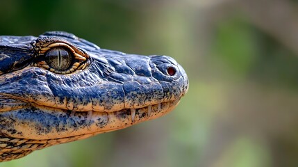 Poster - Close up of a majestic crocodile showcasing its textured skin and sharp eyes against a blurred green backdrop : Generative AI