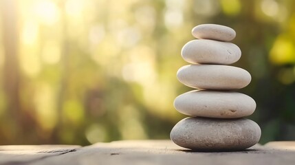 Aufkleber - Stack of smooth stones balanced perfectly in soft sunlight emphasizing tranquility and harmony : Generative AI