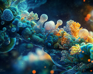 Poster - Close-up view of vibrant and colorful abstract biological structures, featuring bubbles and intricate patterns, symbolizing the beauty of microorganisms or cosmic phenomena.