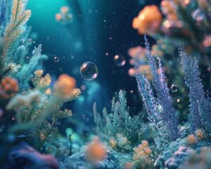 Poster - Close-up of vibrant underwater coral and plant life with bubbles floating, showcasing the beauty of oceanic ecosystems, life, and marine biodiversity.