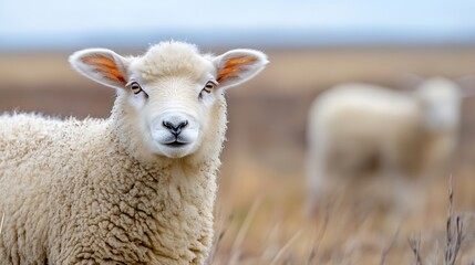 Poster - Adorable close up of a young sheep with soft wool in a peaceful rural landscape : Generative AI