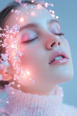 Poster - Model showcases ethereal beauty with glowing cosmic vines and floral patterns that resemble galaxies. Soft celestial glow enhances high-fashion aesthetic in a luxury fine art style