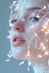 Poster - A surreal model showcases glowing cosmic vines entwined on her skin, adorned with delicate floral galaxy patterns that emit a soft and celestial glow in a captivating fine-art display