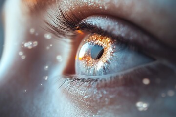 Canvas Print - A mesmerizing display of glowing human eyes surrounded by luminous lens particles and gentle light rays creates an ethereal atmosphere