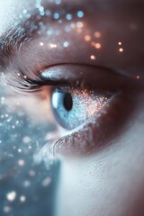 Poster - Glowing human eyes illuminate a surreal environment filled with floating transparent lens particles and soft-focus light rays, creating an elegant sci-fi atmosphere ideal for text
