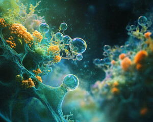 Poster - Close-up shot of vibrant marine bubbles and coral in an underwater scene, symbolizing the beauty of ocean ecosystems and the microscopic organisms thriving beneath the surface.