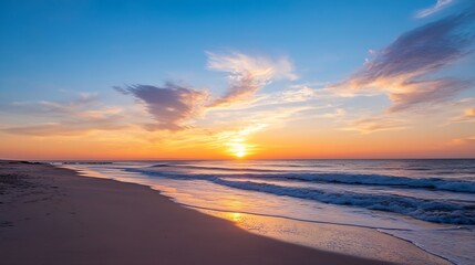 Poster - Breathtaking sunset over a tranquil beach with soft waves and colorful sky reflections : Generative AI