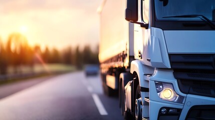 Aufkleber - Dynamic closeup photo of a powerful freight truck driving on an open road during a vibrant sunset : Generative AI