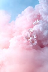 Poster - Daisies hover gracefully amidst a pastel sky, illuminated by surreal light effects that create a dreamy, ethereal atmosphere. The soft-focus depth enhances the sense of weightlessness