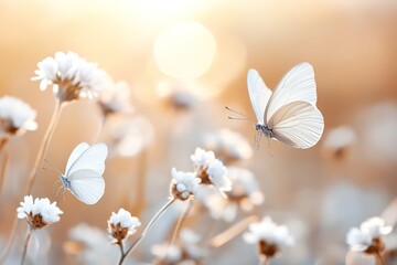 Poster - Soft sunlight illuminates delicate white butterflies as they float above a serene field of wildflowers. The gentle atmosphere invites calm and tranquility in this ethereal setting