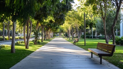 Aufkleber - Peaceful park pathway lined with trees and benches creating a serene outdoor atmosphere for relaxation : Generative AI