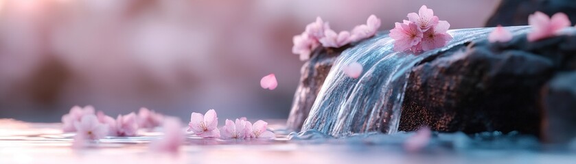 Poster - A mesmerizing waterfall cascades with soft pink cherry blossom petals, creating a tranquil pool below. The warm golden light enhances the surreal atmosphere, inviting relaxation