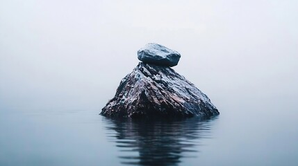 Poster - Serene stone formation standing tall atop water in a misty foggy environment : Generative AI