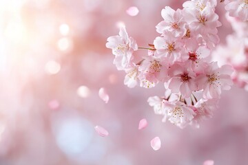 Poster - Soft pink cherry blossom petals dance in the air, illuminated by warm golden sunlight filtering through the delicate trees during a serene spring day