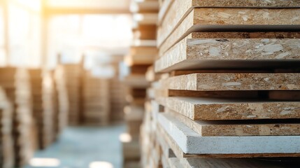 Aufkleber - Close up view of stack of wooden boards in a well lit industrial warehouse environment : Generative AI