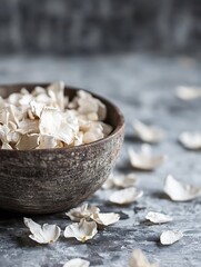 Poster - Natural dried flower petals in a rustic bowl on a textured surface creating a cozy atmosphere : Generative AI