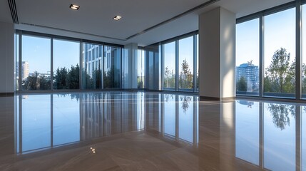 Poster - sleek modern office interior with spacious windows and polished floor surface : generative ai