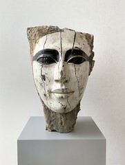 Poster - Ancient stone sculpture depicting a human face with intricate details and weathered texture : Generative AI