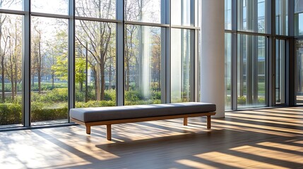 Poster - modern indoor space featuring a stylish bench surrounded by large glass windows : generative ai