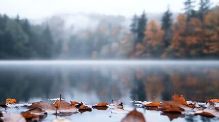Fototapete - Vibrant autumn leaves floating gently on a tranquil lake surface : Generative AI