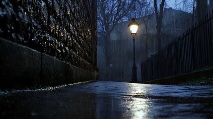 Aufkleber - Moody urban alley at night with a glowing lamp reflecting on wet pavement : Generative AI