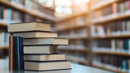 Leinwandbilder - Stack of books captured in a bright library showcasing knowledge and education in a serene environment : Generative AI