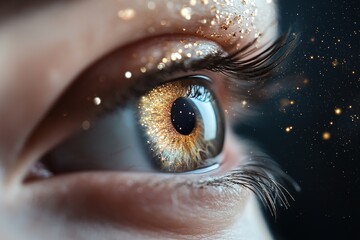 Poster - A surreal glowing human eye hovers in a cosmic dreamscape, reflecting vibrant nebulae and distant stars. Soft golden hues add mystical elegance, creating a space perfect for imaginative text and art