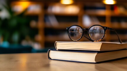 Poster - A pair of stylish eyeglasses resting on stacked books in a cozy library setting : Generative AI