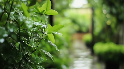 Poster - Close up view of dew covered green leaves creating a fresh and serene atmosphere in a lush garden environment : Generative AI