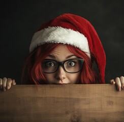 Wall Mural - A surprised woman with red hair, wearing black glasses and a Santa hat, peeks from behind the edge of an empty wooden board against a dark background