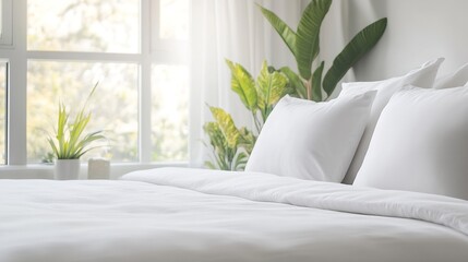 Aufkleber - Cozy bedroom with white bedding and lush greenery in natural light creating a serene and inviting atmosphere : Generative AI
