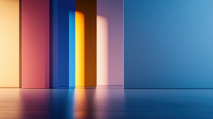Poster - Soft colors and geometric shapes interact in this indoor environment, showcasing a blend of light reflections on the smooth floor during the late afternoon