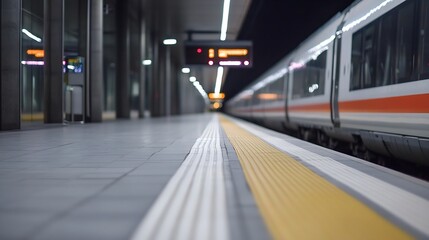 Aufkleber - Modern train waiting at an empty platform illuminated by bright station lights at night : Generative AI