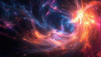 Poster - A mesmerizing display of swirling colors in deep space showcases vibrant hues of orange, blue, and purple. This cosmic phenomenon captivates with its ethereal beauty and dynamic movement