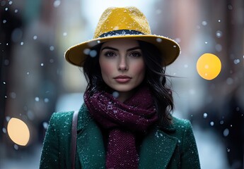 Wall Mural - A young woman with long red hair, wearing dark burgundy gloves and a green coat, is standing in the street on a snowy day.