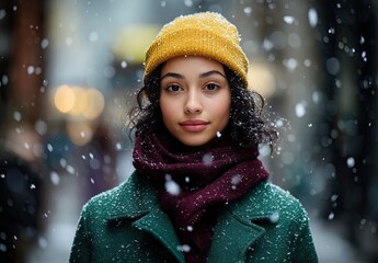 Wall Mural - A beautiful woman with long hair, wearing dark red gloves and a green coat, smiling at the camera, standing on an empty street under snowfall