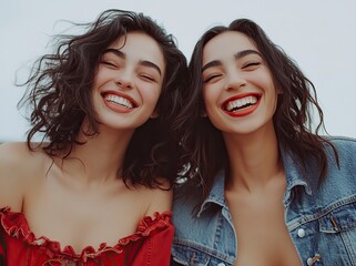 Wall Mural - Two happy, beautiful models wearing red under a denim jacket, against a white background