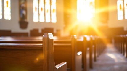 Sunlit interior of a church showcasing wooden benches and beautiful stained glass windows filling the space with light : Generative AI