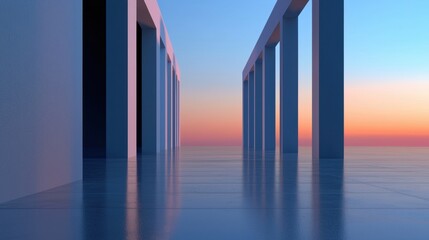 Poster - A serene view of a minimalist architectural setting featuring tall columns and a reflective floor bathed in warm sunset hues