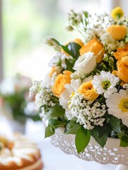 Poster - Vibrant Flower Arrangement with Yellow and White Blooms in Focus : Generative AI